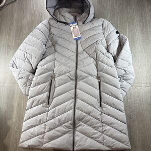 DKNY Mid-Length Walker Chevron Puffer Jacket With Hood Size L Gray NWT